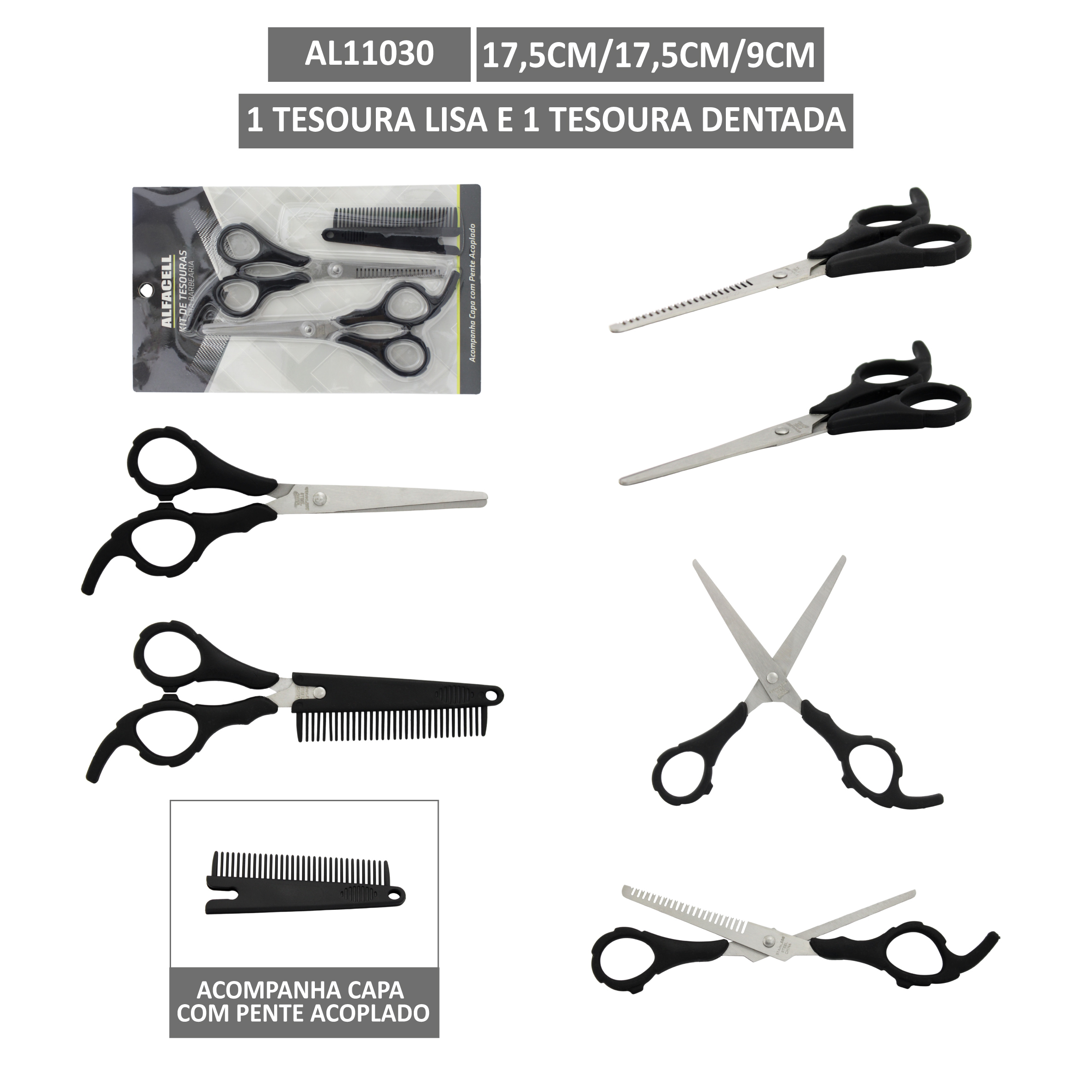 KIT TESOURAS PARA BARBEARIA (1 TESOURA LISA E 1 TESOURA DENTADA,