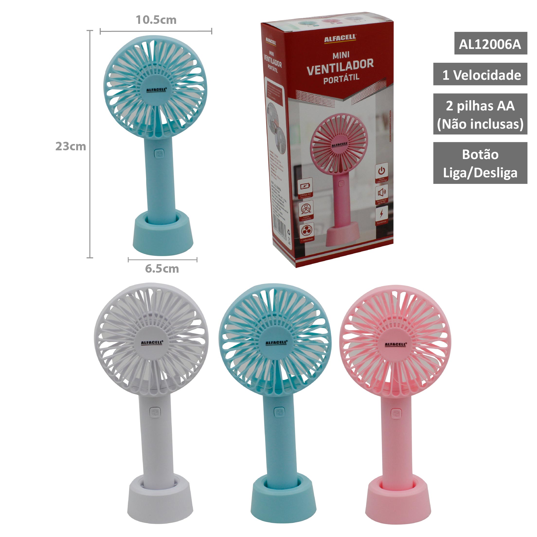 MINI VENTILADOR PORTÁTIL À PILHA 2*AA, 1 VELOCIDADE
