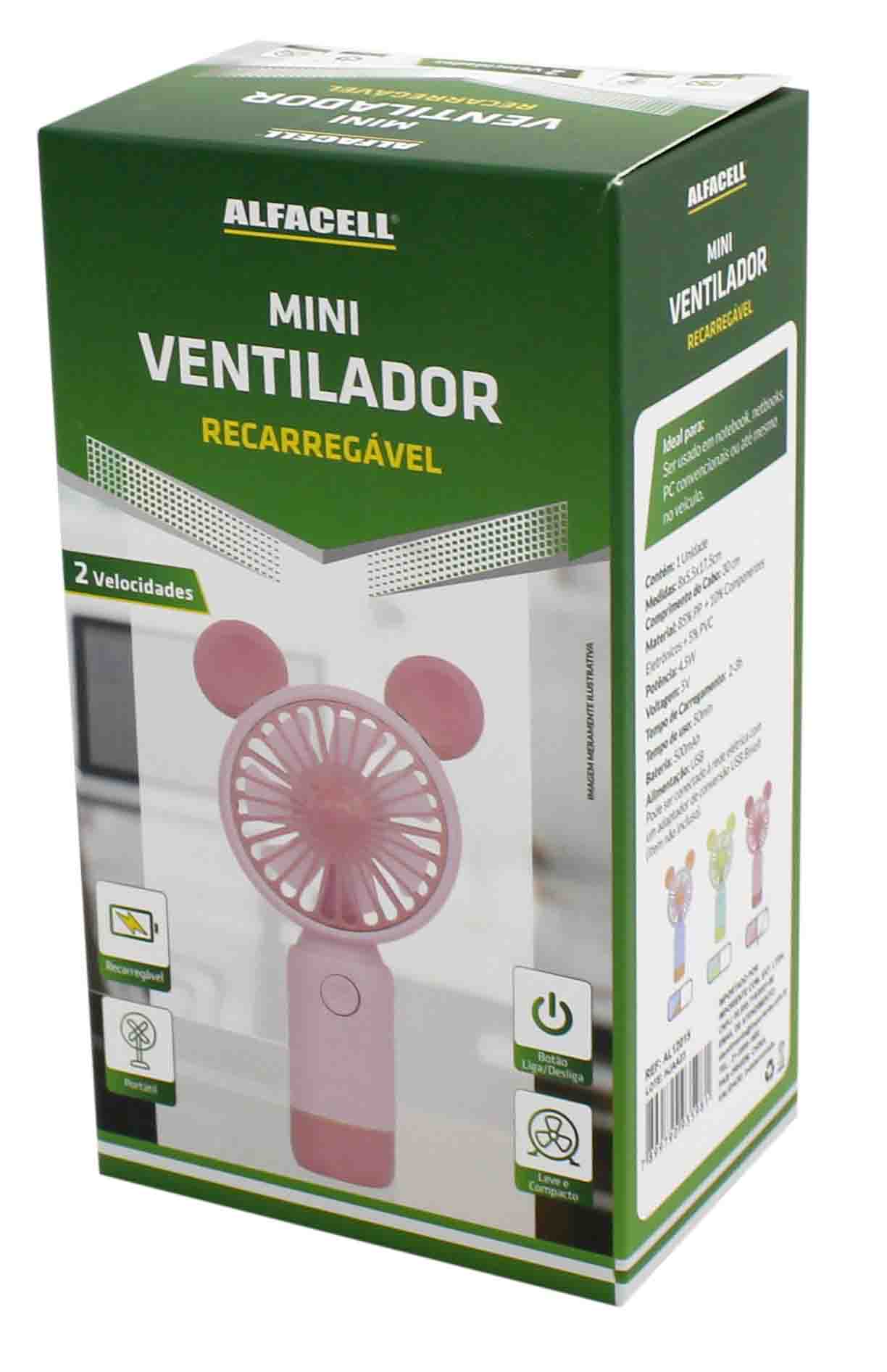 MINI VENTILADOR RECARREGÁVEL COM CABO USB, 2 VELOCIDADES