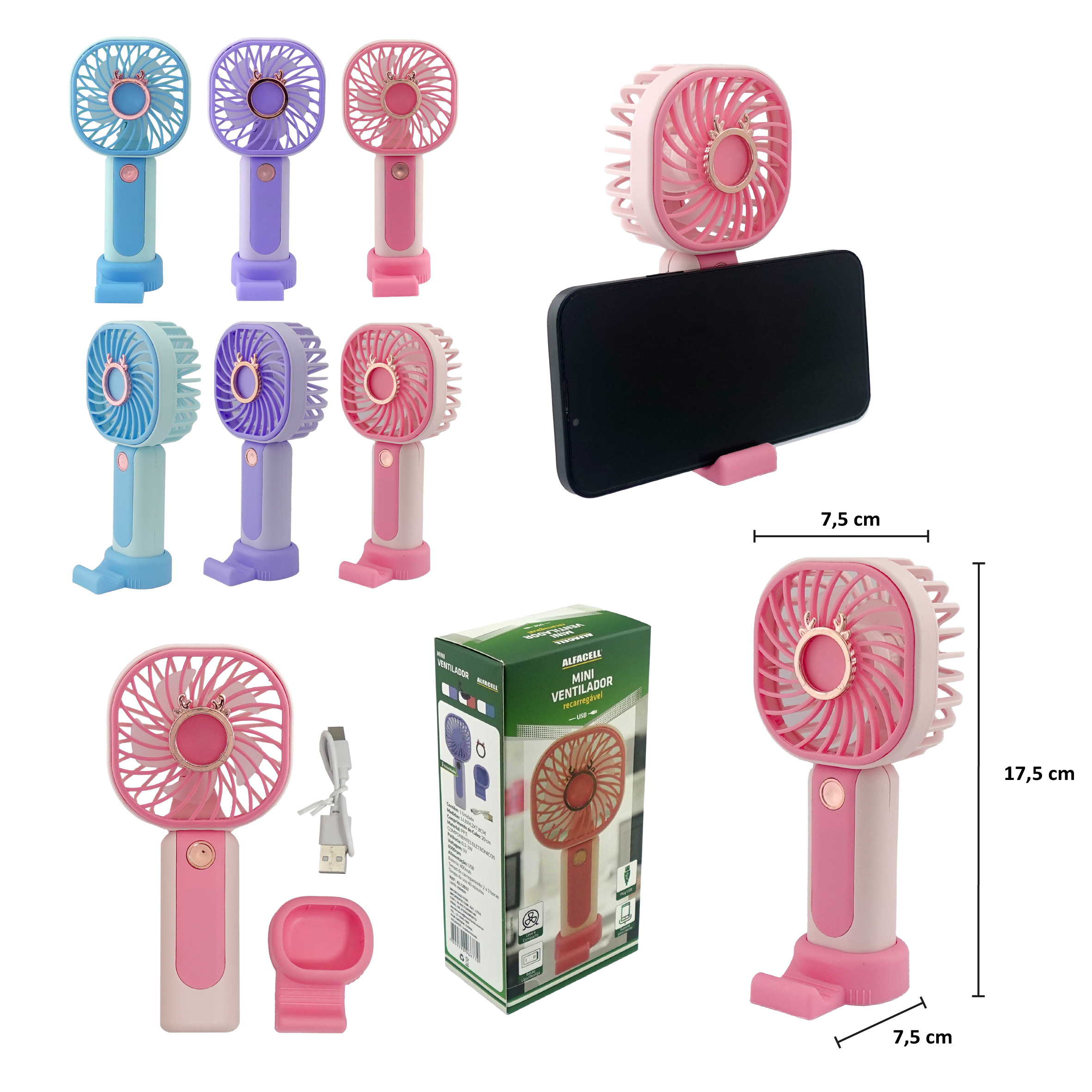 MINI VENTILADOR RECARREGÁVEL E PORTÁTIL COM CABO USB (INCLUSO) 3 VELOCIDADES