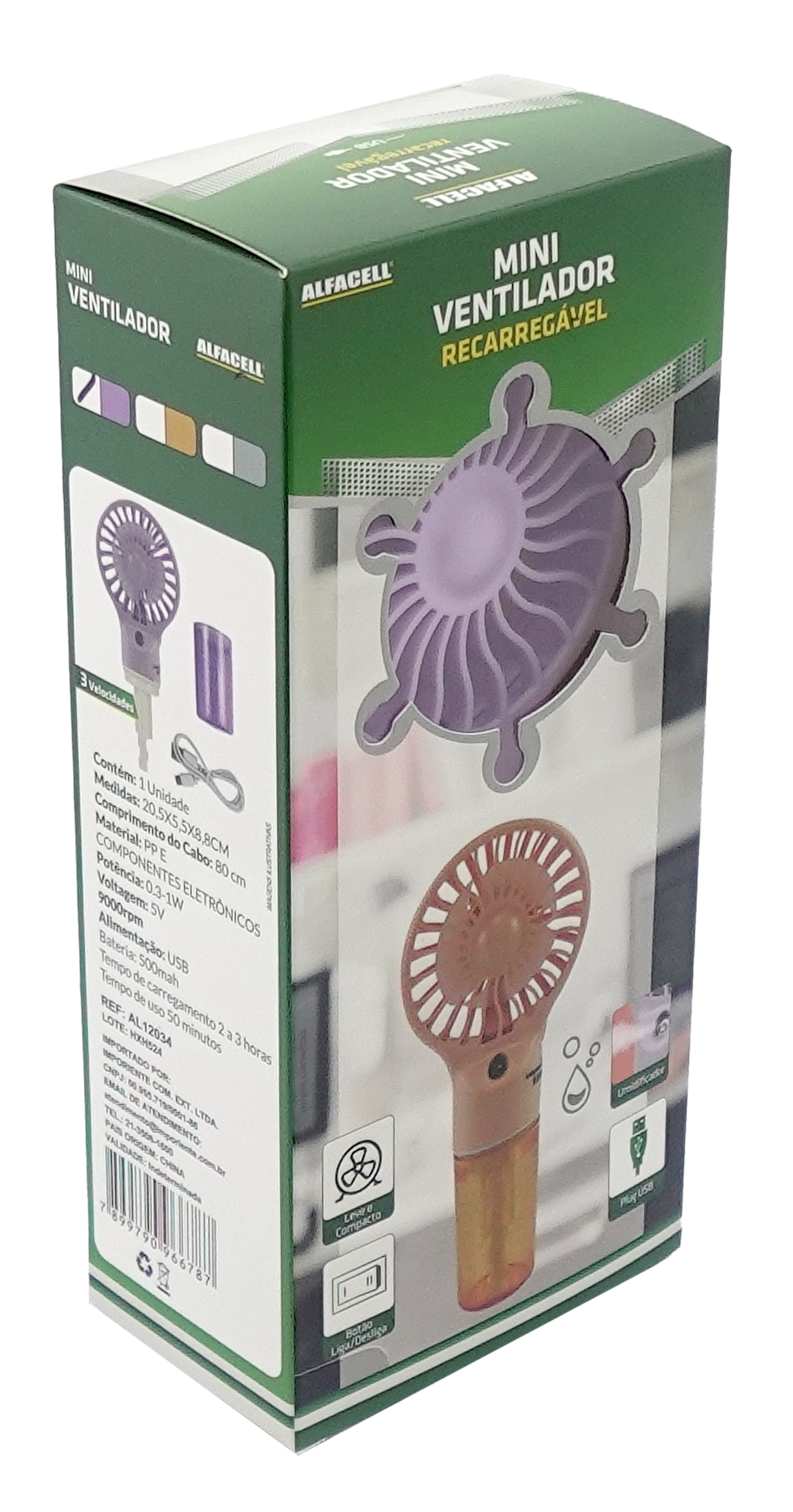 MINI VENTILADOR RECARREGÁVEL E PORTÁTIL COM CABO USB (INCLUSO) 3 VELOCIDADES (UMIDIFICADOR)