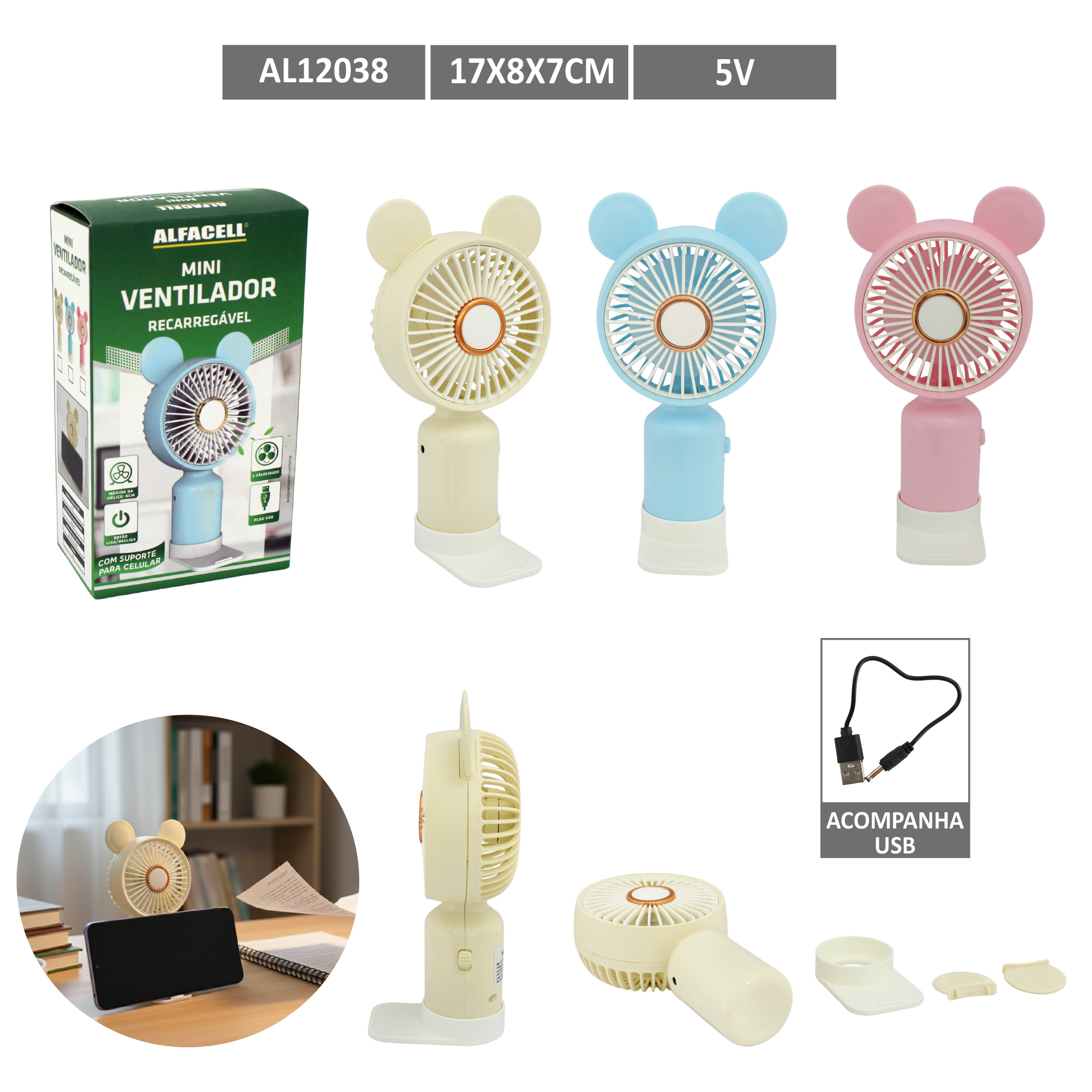 MINI VENTILADOR DE MESA E PORTÁTIL, COM PRENDEDOR E USB 1 VELOCIDADE