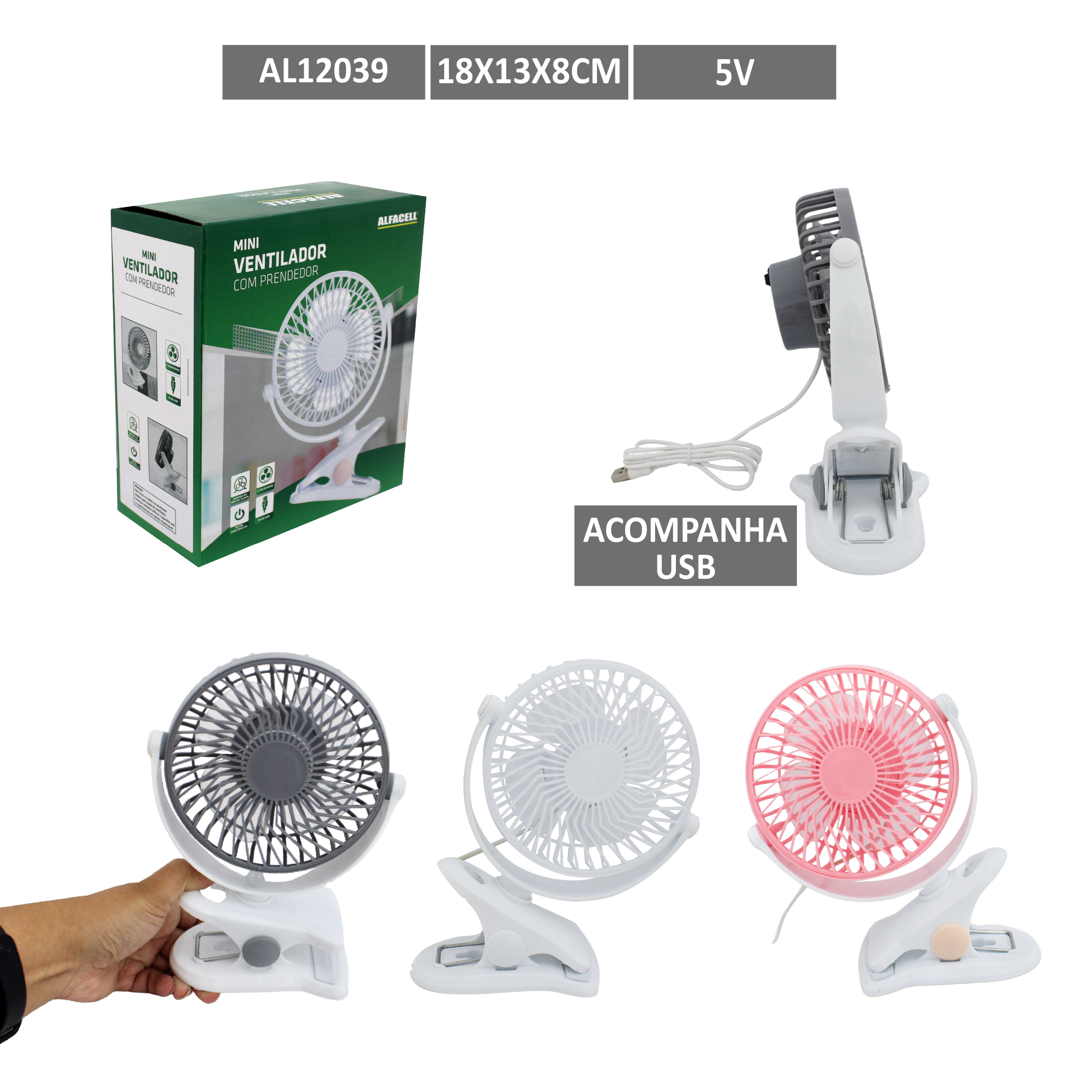 MINI VENTILADOR DE MESA E PORTÁTIL, COM PRENDEDOR E USB 1 VELOCIDADE