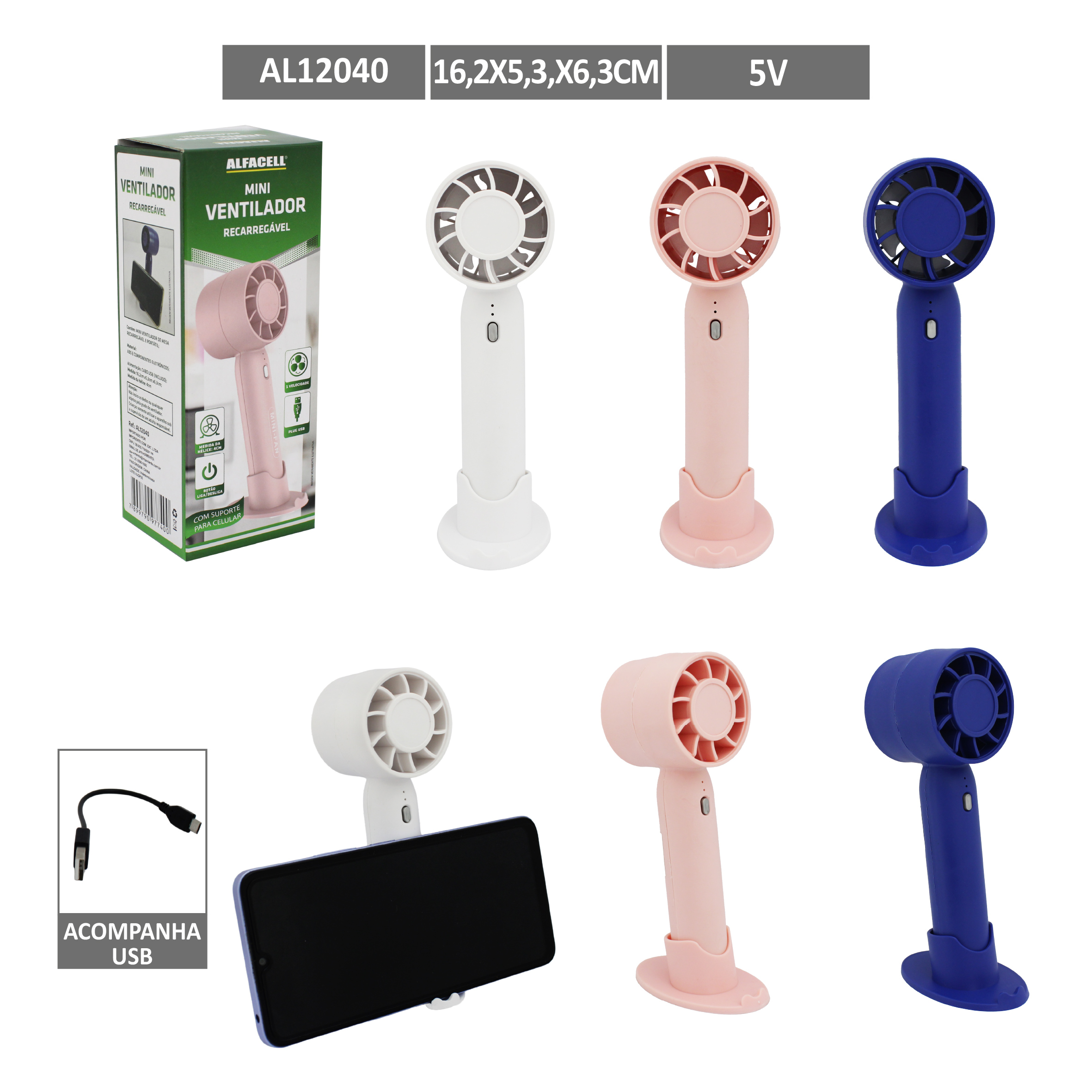 MINI VENTILADOR DE MESA RECARREGÁVEL E PORTÁTIL COM CABO USB (INCLUSO) 1 VELOCIDADE