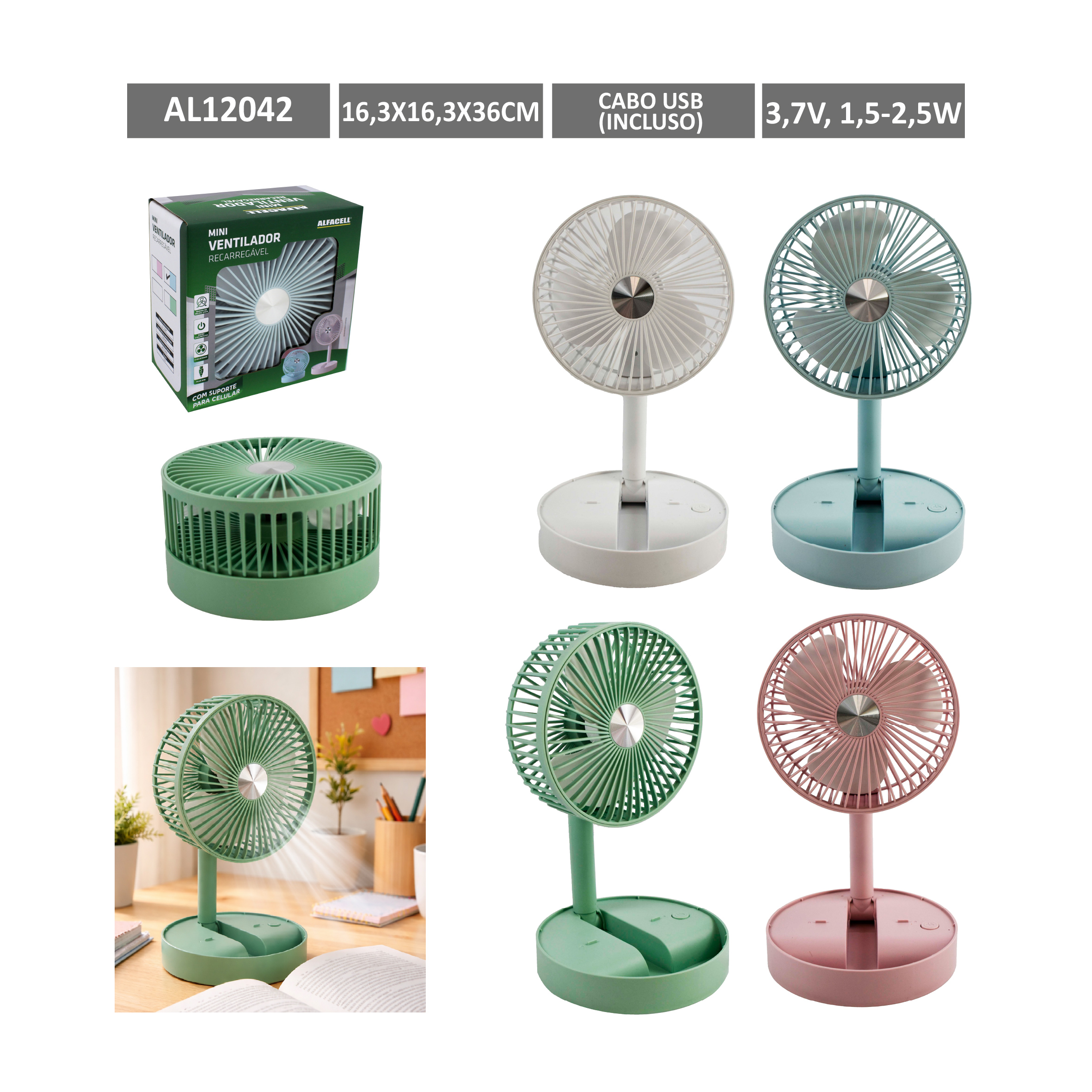 MINI VENTILADOR DE MESA RECARREGÁVEL E PORTÁTIL COM CABO USB (INCLUSO) 3 VELOCIDADES