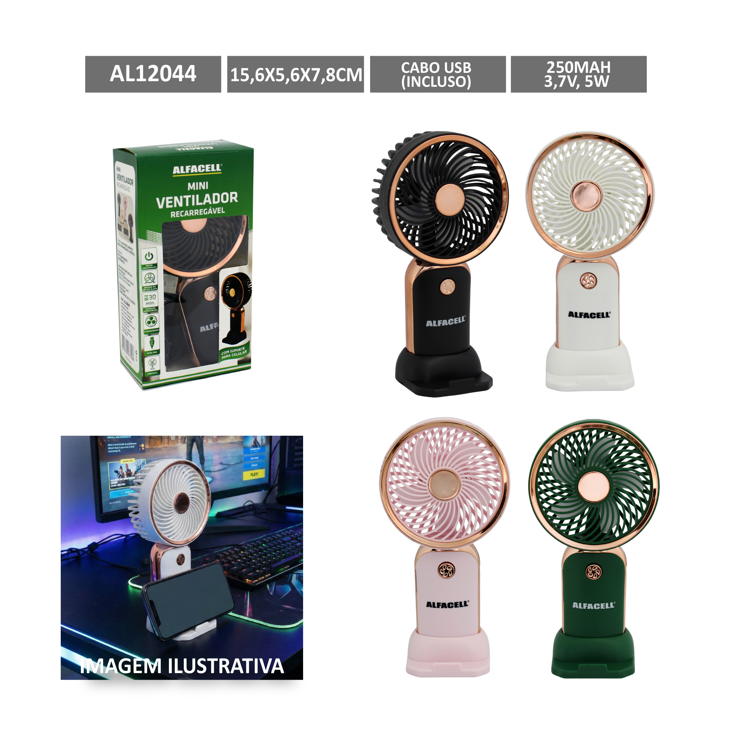 MINI VENTILADOR DE MESA RECARREGÁVEL E PORTÁTIL COM CABO USB (INCLUSO) 1 VELOCIDADE