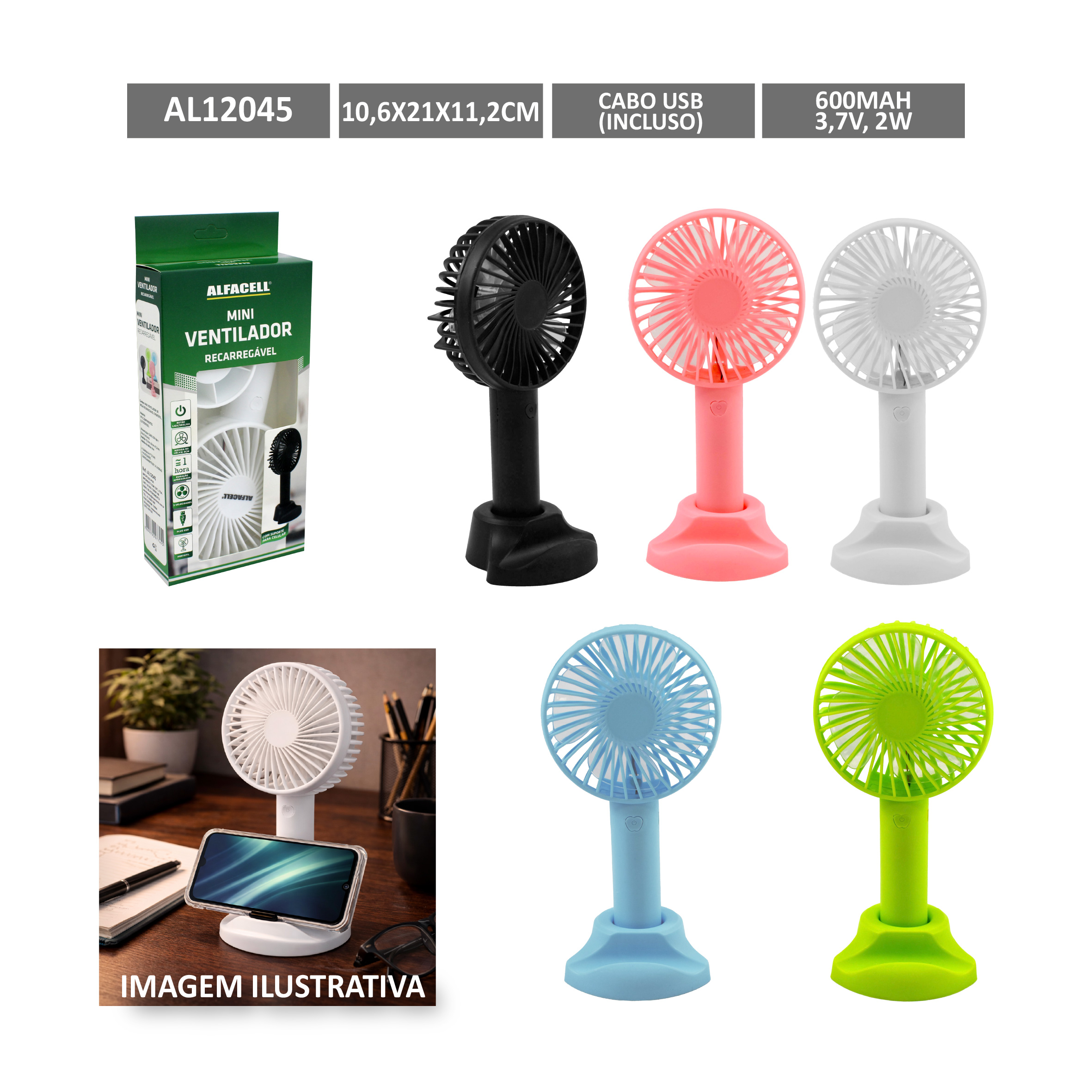 MINI VENTILADOR DE MESA RECARREGÁVEL E PORTÁTIL COM CABO USB (INCLUSO) 3 VELOCIDADES