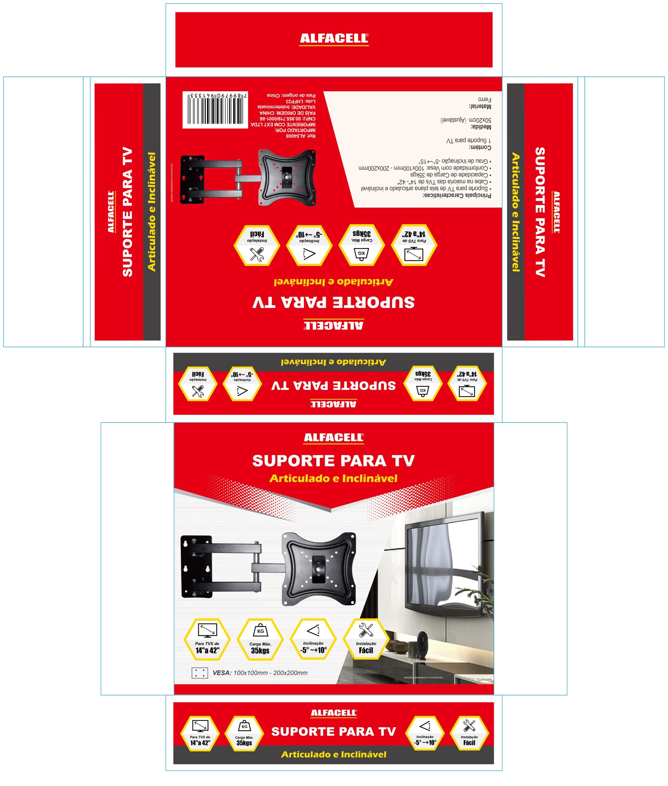 SUPORTE ARTICULADO E INCLINÁVEL PARA TV (PARA TVS DE 14″ A 42″)