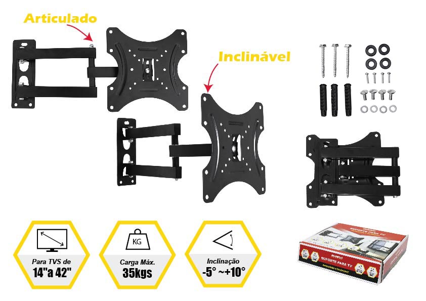 SUPORTE ARTICULADO E INCLINÁVEL PARA TV (PARA TVS DE 14″ A 42″)