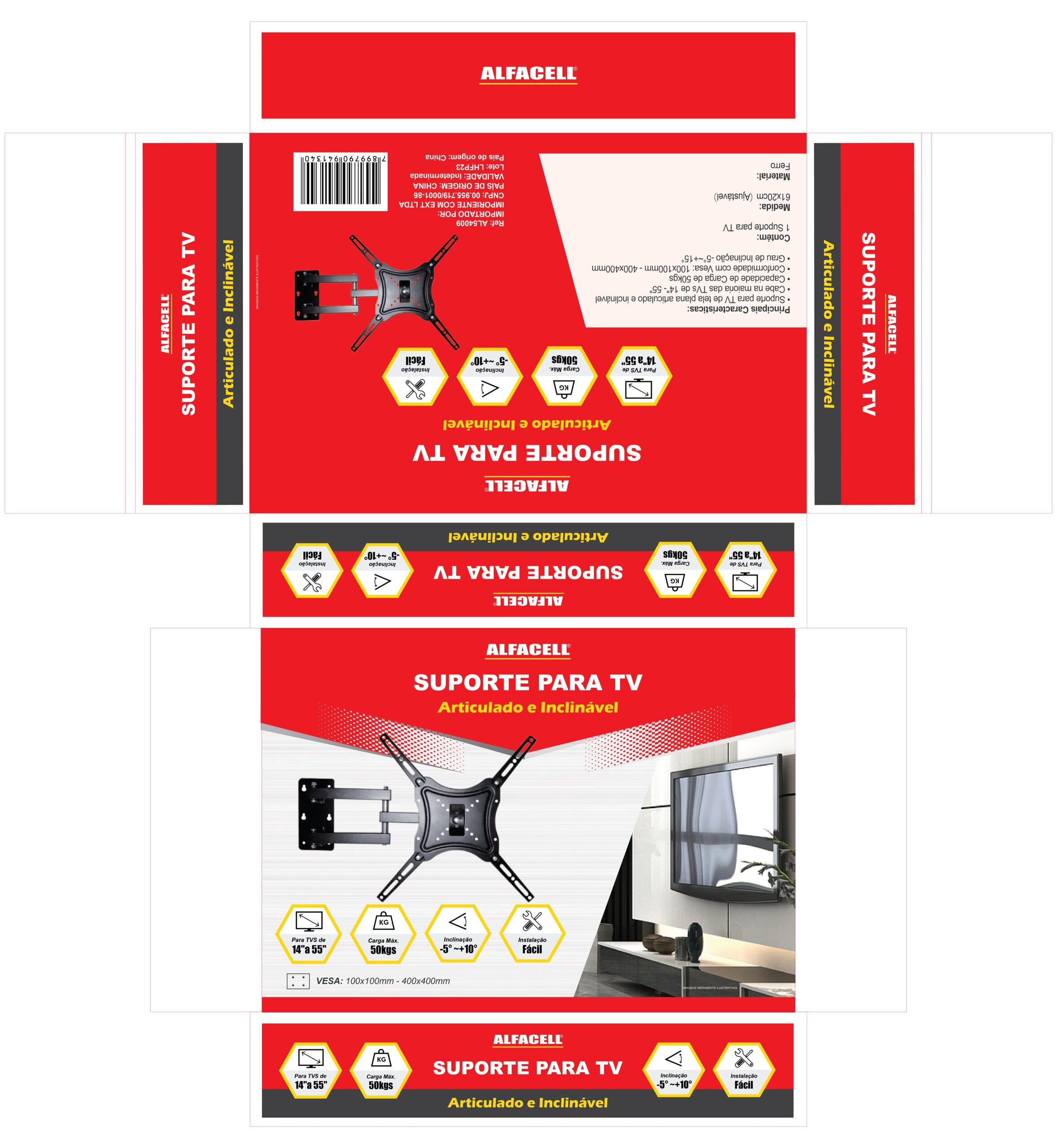 SUPORTE ARTICULADO E INCLINÁVEL PARA TV (PARA TVS DE 14″ A 55″)
