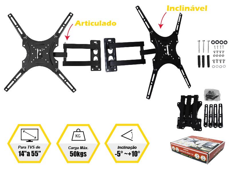 SUPORTE ARTICULADO E INCLINÁVEL PARA TV (PARA TVS DE 14″ A 55″)
