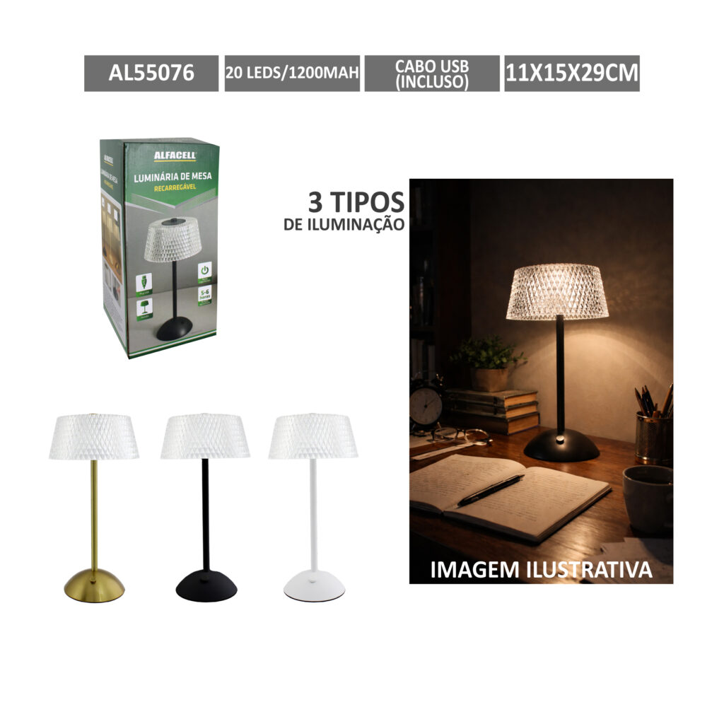 LUMINÁRIA DE MESA RECARREGÁVEL, 20 LEDS, 1200MAH