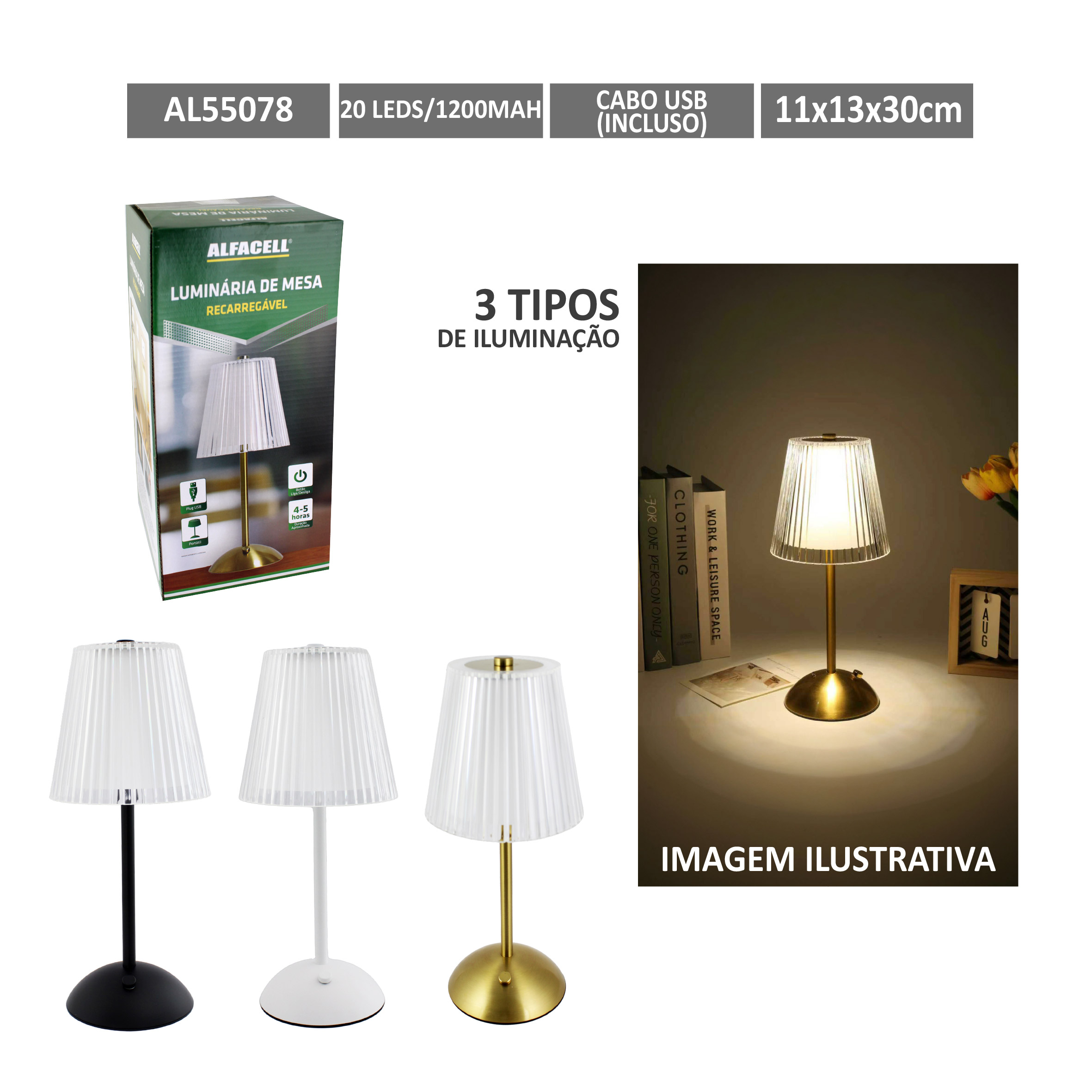 LUMINÁRIA DE MESA RECARREGÁVEL, 20 LEDS, 1200MAH