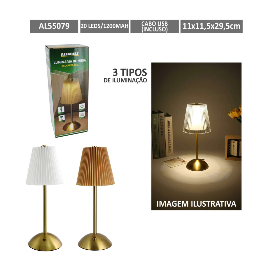 LUMINÁRIA DE MESA RECARREGÁVEL, 20 LEDS, 1200MAH