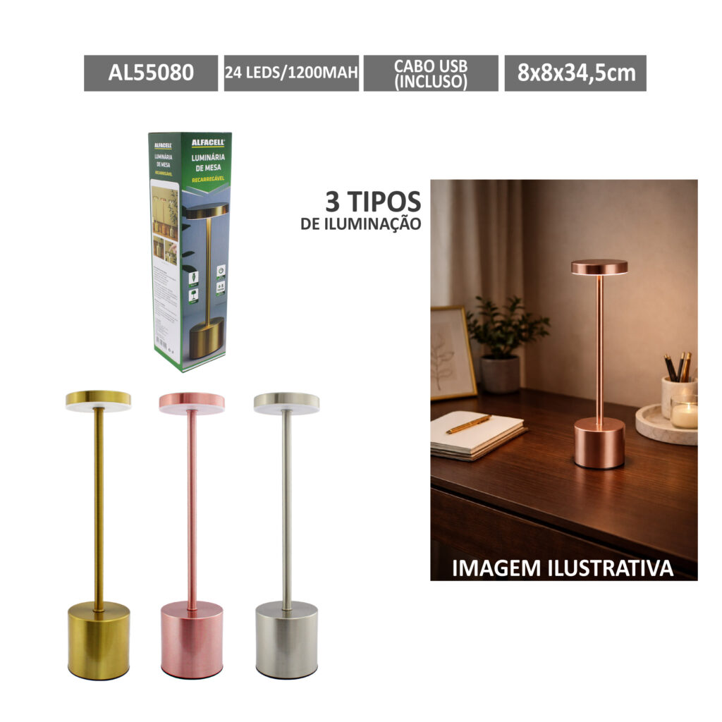 LUMINÁRIA DE MESA RECARREGÁVEL, 20 LEDS, 1200MAH