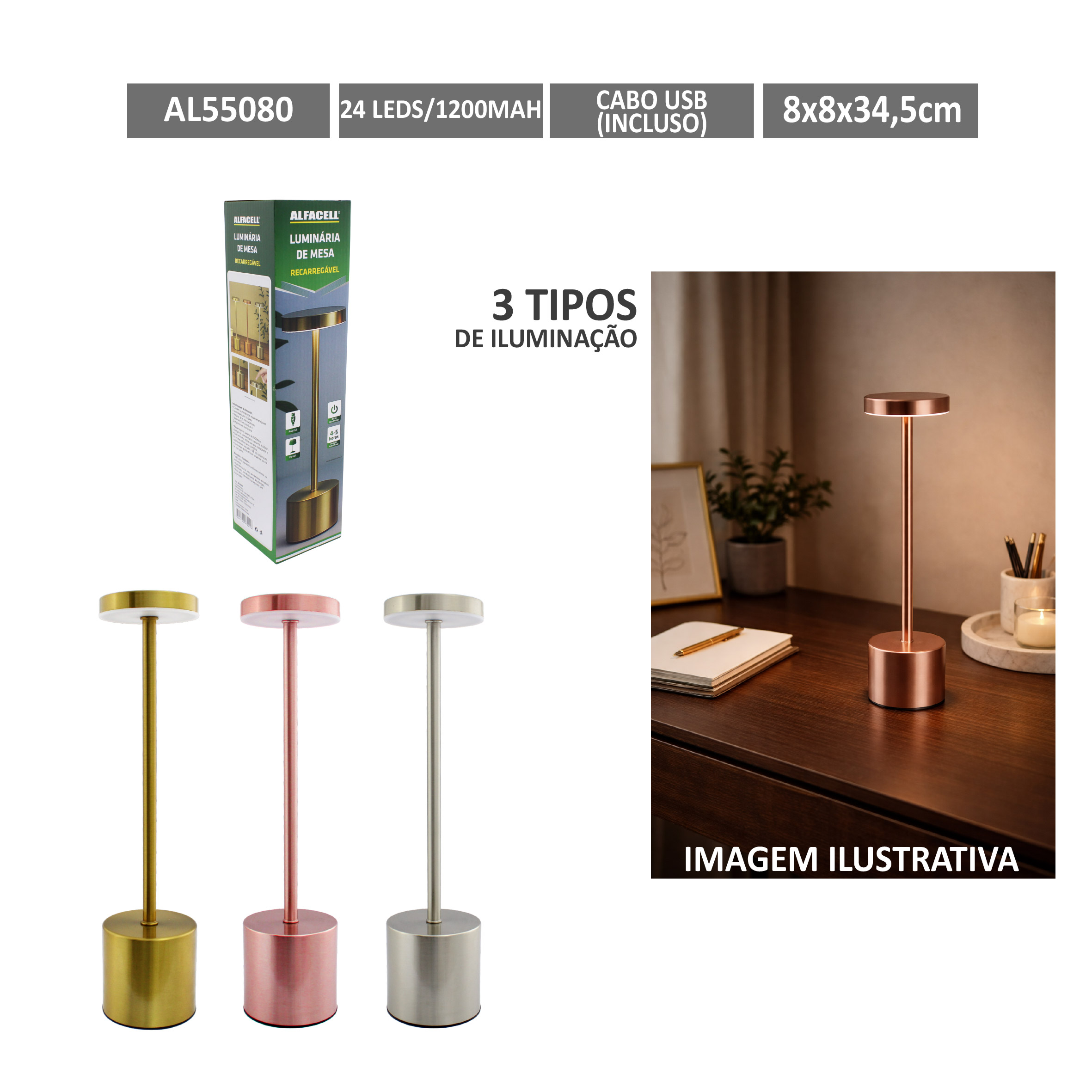 LUMINÁRIA DE MESA RECARREGÁVEL, 20 LEDS, 1200MAH