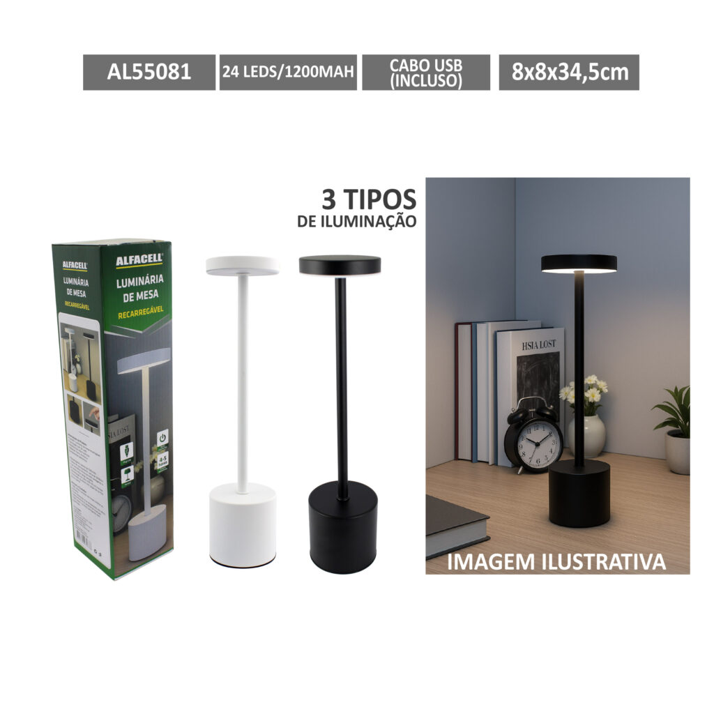 LUMINÁRIA DE MESA RECARREGÁVEL, 20 LEDS, 1200MAH
