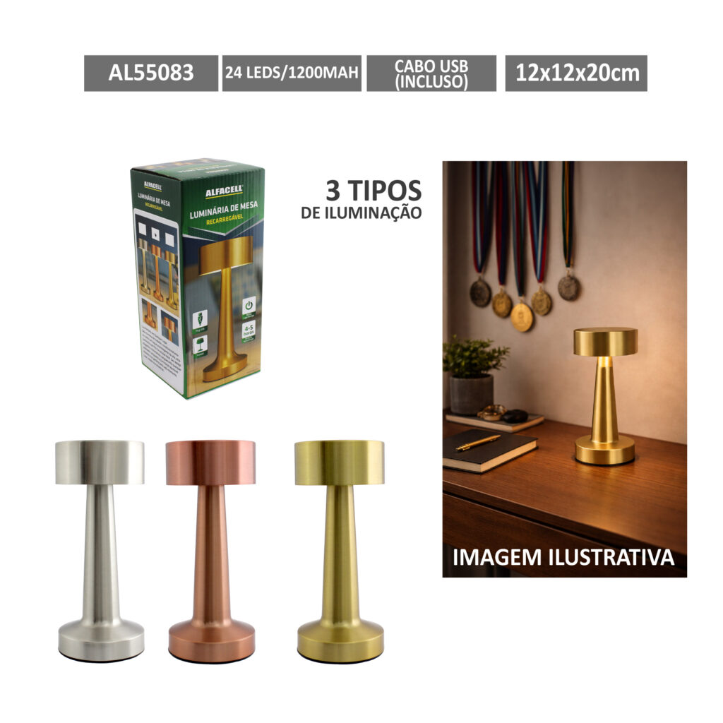 LUMINÁRIA DE MESA RECARREGÁVEL, 20 LEDS, 1200MAH