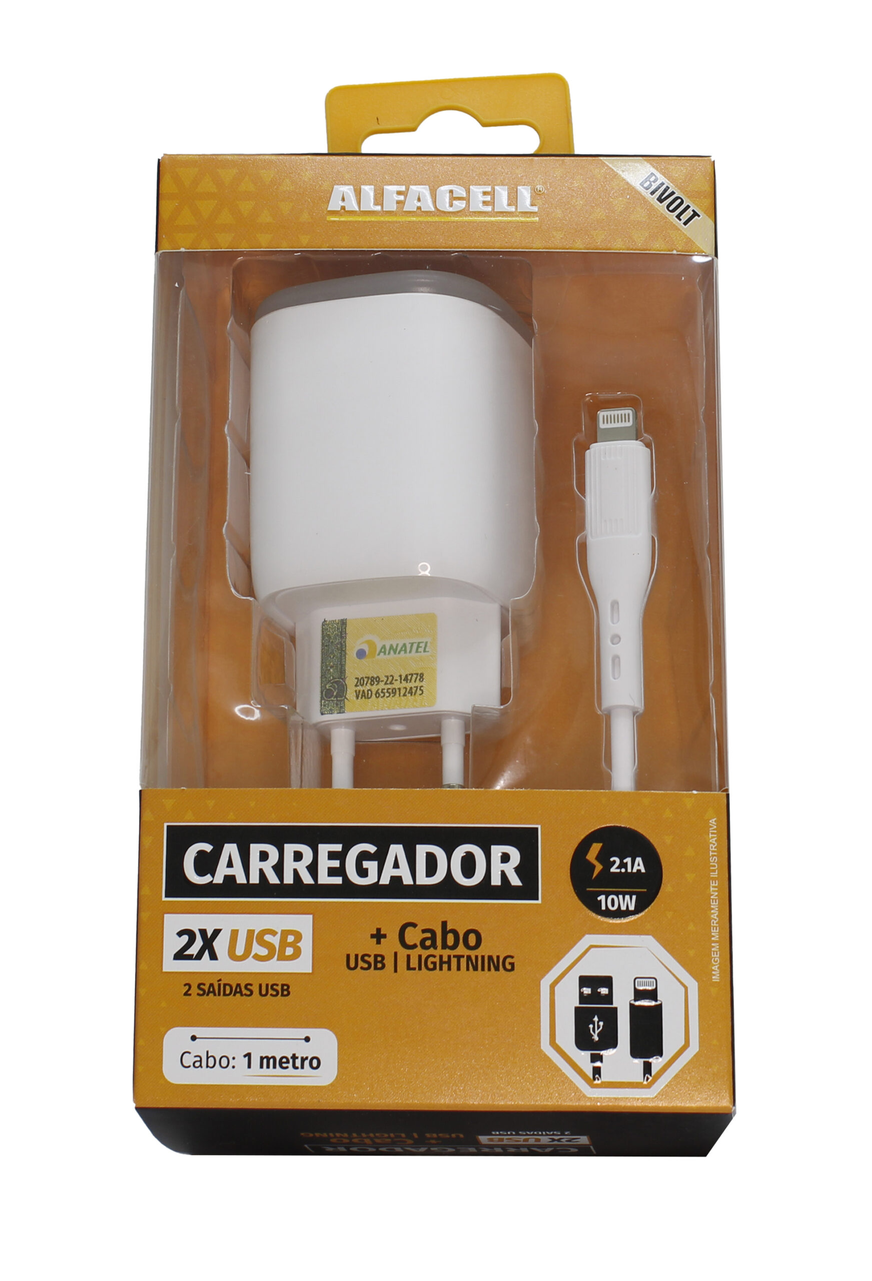 CARREGADOR E CABO USB – LIGHTNING; TENSÃO DE ENTRADA: 100-240V; FREQUÊNCIA: 50/60HZ