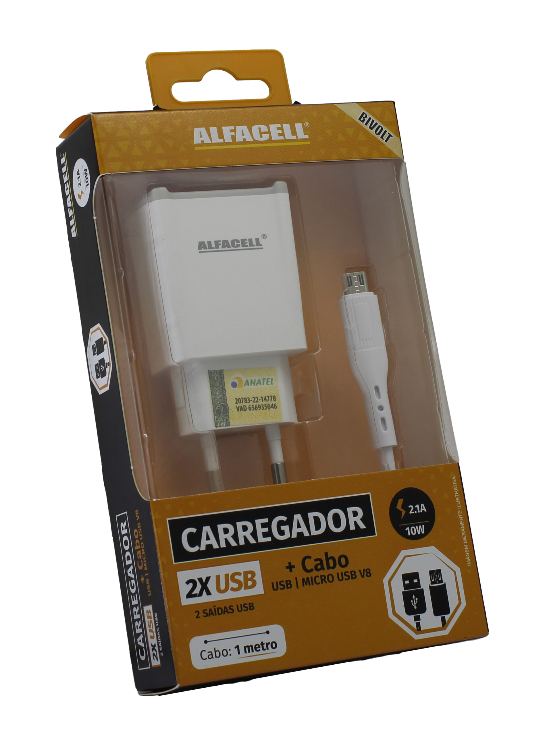 CARREGADOR E CABO USB – V8; TENSÃO DE ENTRADA: 100-240V; FREQUÊNCIA: 50/60HZ