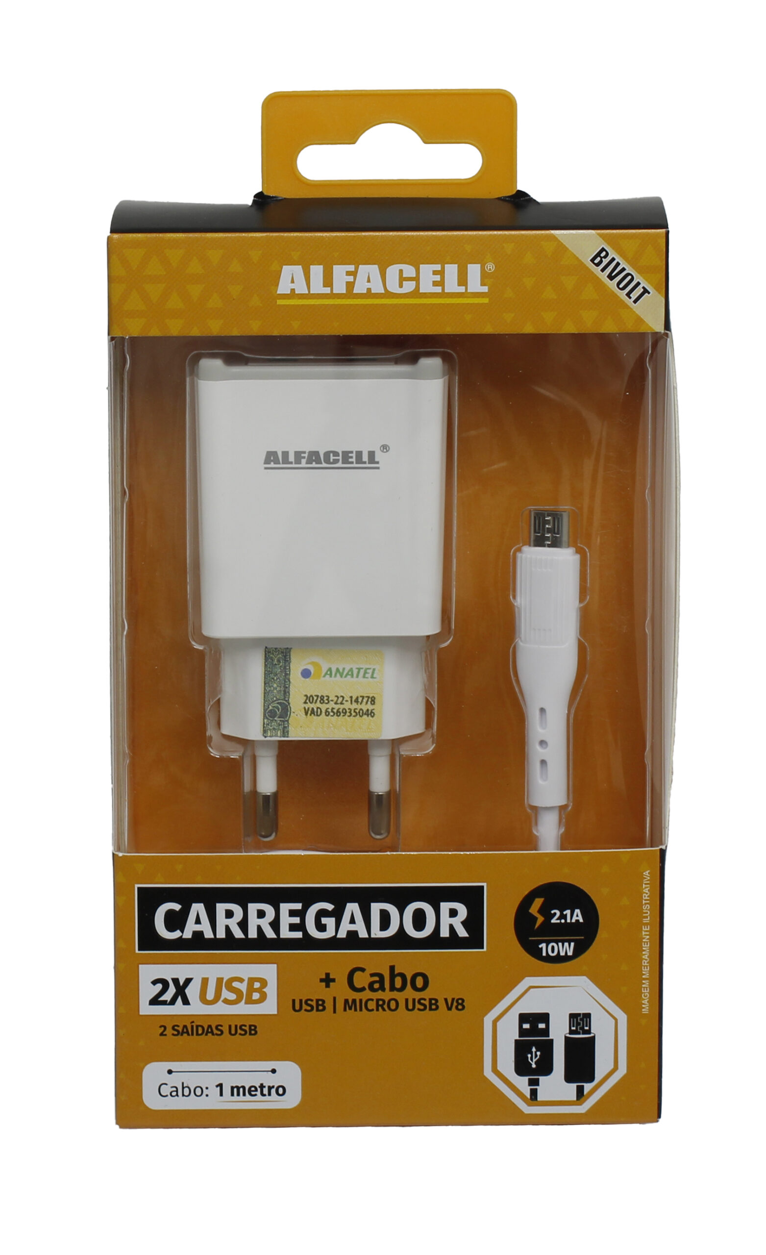 CARREGADOR E CABO USB – V8; TENSÃO DE ENTRADA: 100-240V; FREQUÊNCIA: 50/60HZ
