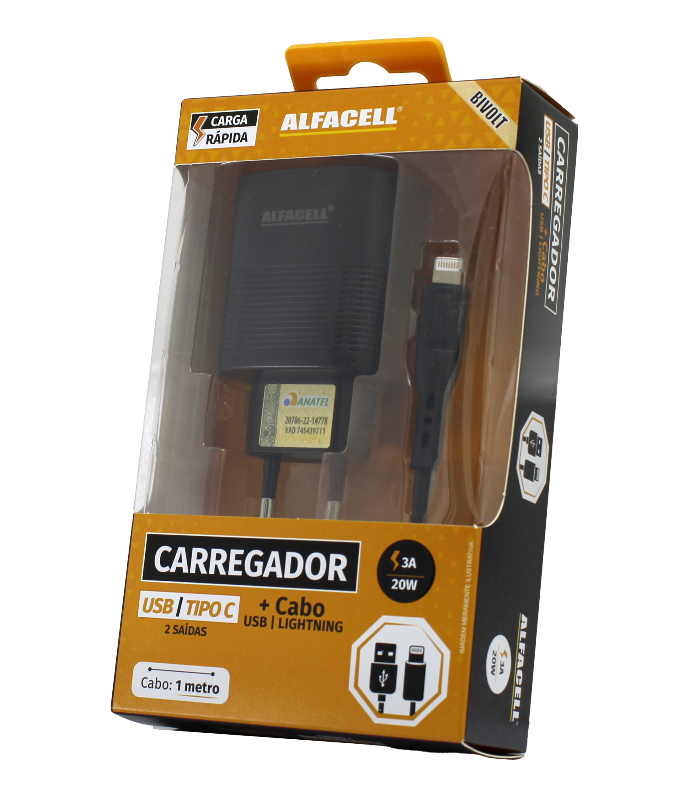 CARREGADOR E CABO USB – LIGHTNING; TENSÃO DE ENTRADA: 100-240V; FREQUÊNCIA: 50/60HZ