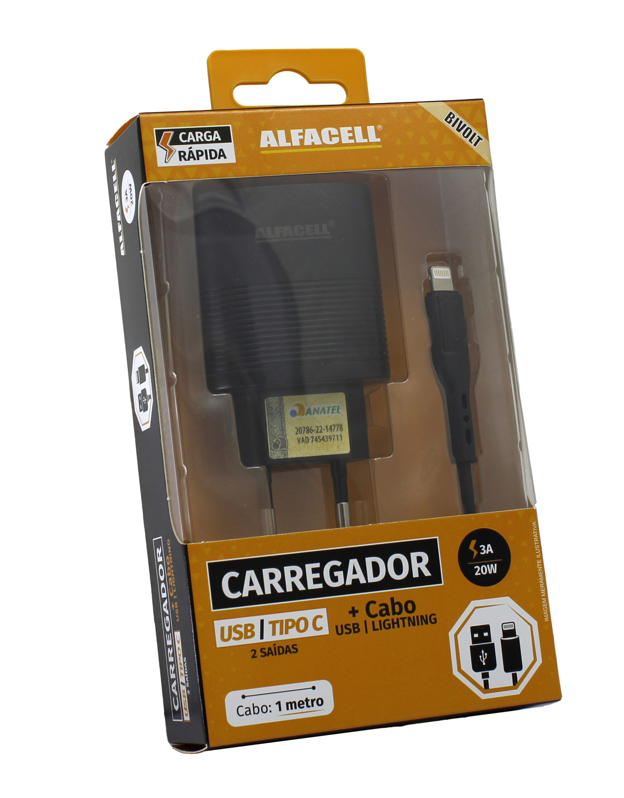 CARREGADOR E CABO USB – LIGHTNING; TENSÃO DE ENTRADA: 100-240V; FREQUÊNCIA: 50/60HZ
