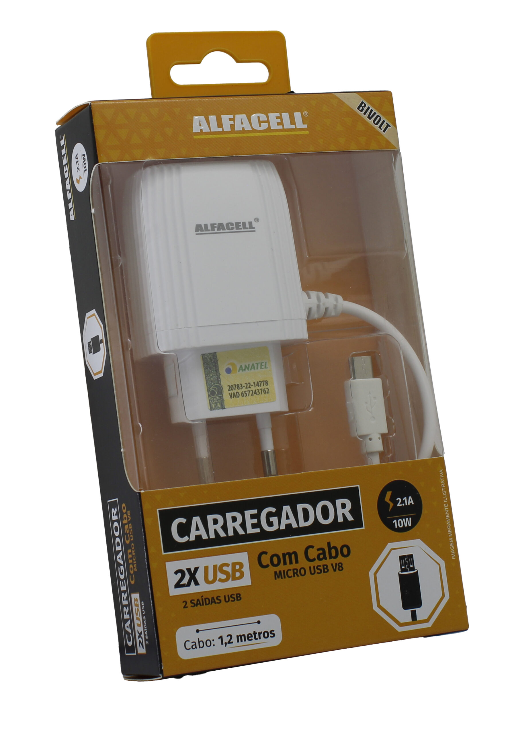 CARREGADOR COM CABO USB – V8; TENSÃO DE ENTRADA: 100-240V; FREQUÊNCIA: 50/60HZ