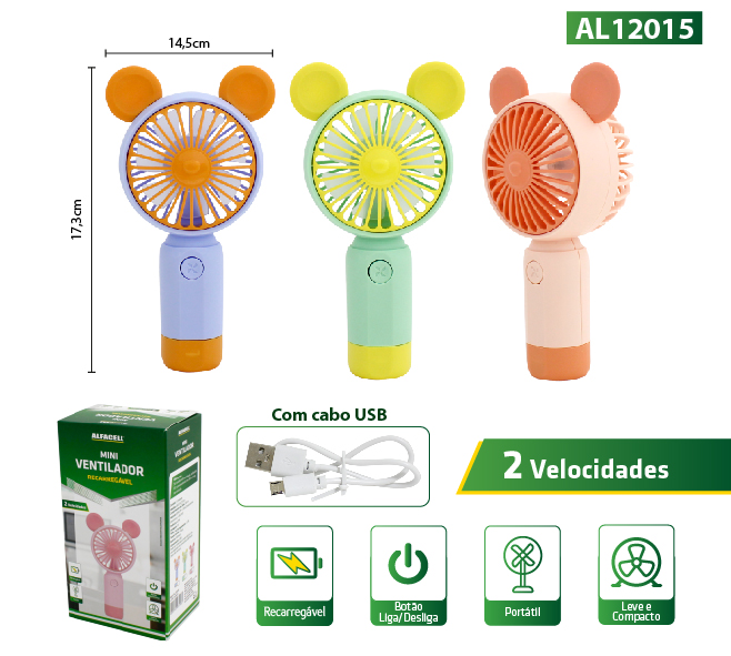 MINI VENTILADOR RECARREGÁVEL COM CABO USB, 2 VELOCIDADES