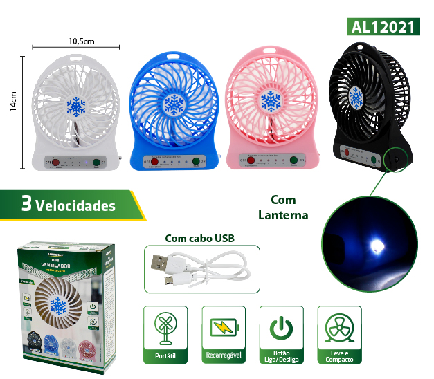 MINI VENTILADOR DE MESA RECARREGÁVEL COM CABO USB, 3 VELOCIDADES